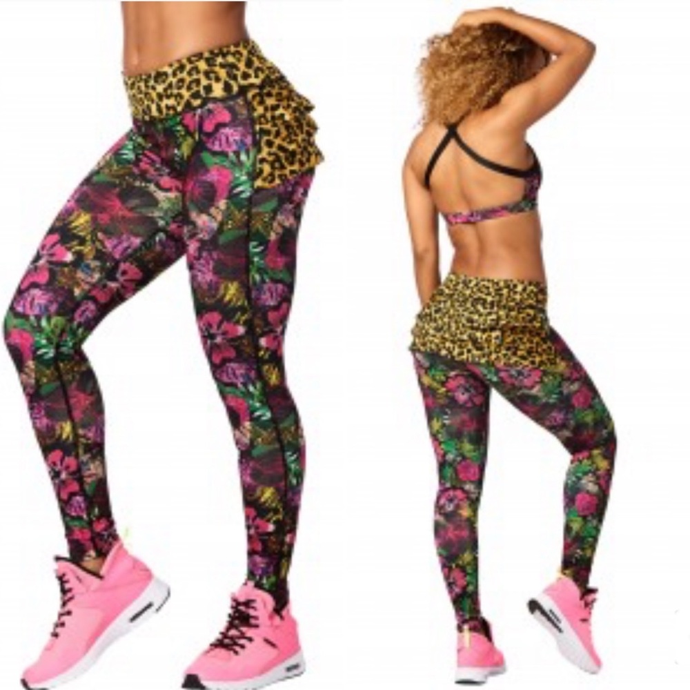Zumba Spicy La Pachanga Leopard & Floral Ruffle Butt Leggings - Size XS